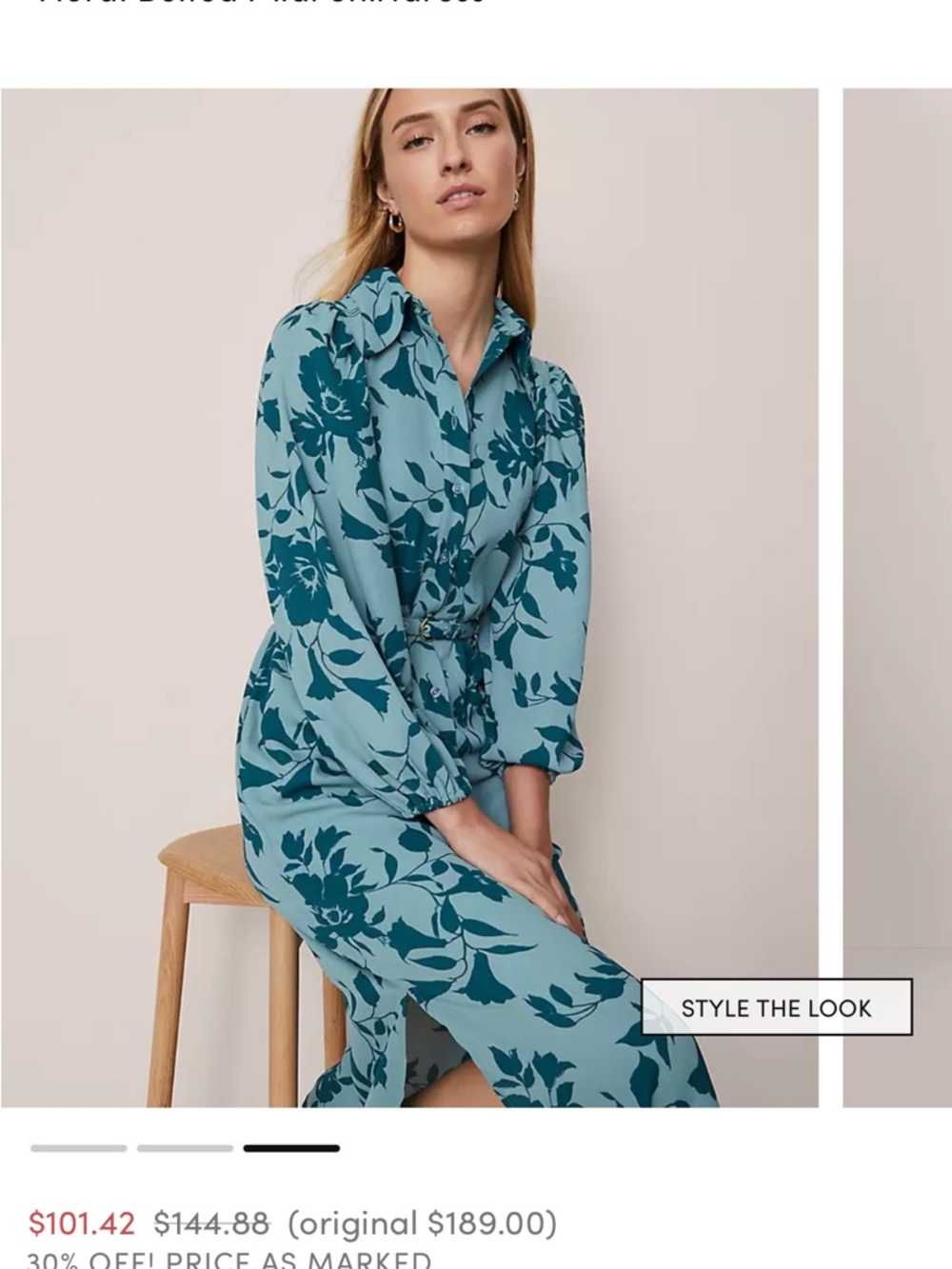 NWT Ann Taylor Teal Blue Floral Midi Shirt Dress with belt - Picture 3 of 5